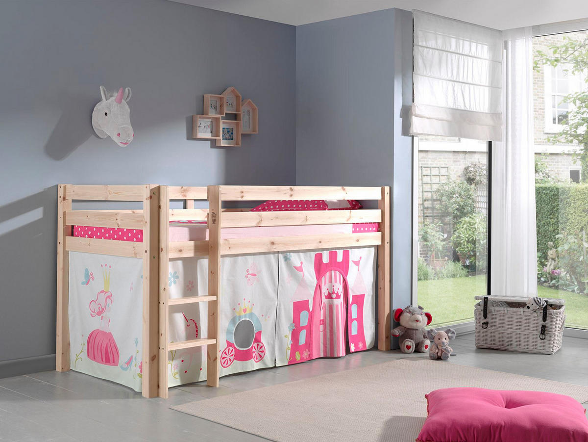 KINDERBETT Karolina 210x114x106 Massivholz Natur Textilset Princess 1 - Magenta/Kieferfarben, Holz (90/200cm) - 58aufmkessel