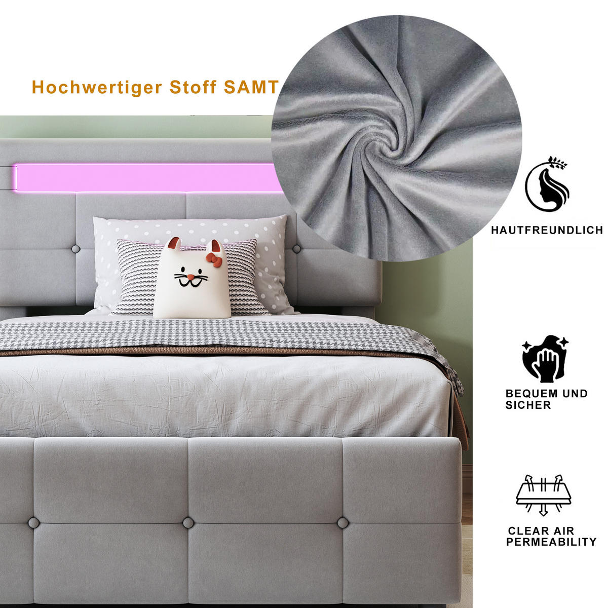 POLSTERBETT 90/200 cm Grau mit LED-Beleuchtung und höhenverstellbarem Kopfteil - Grau, Textil (90/200cm) - Homcomodar
