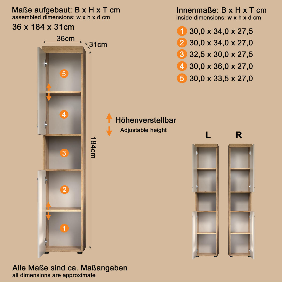 HOCHSCHRANK Kaschmir, Evoke Eiche 36 x 184 cm, Badschrank mit viel Stauraum - Kaschmir/Eichefarben, Holzwerkstoff/Kunststoff (30/185/30cm) - Top.Furn
