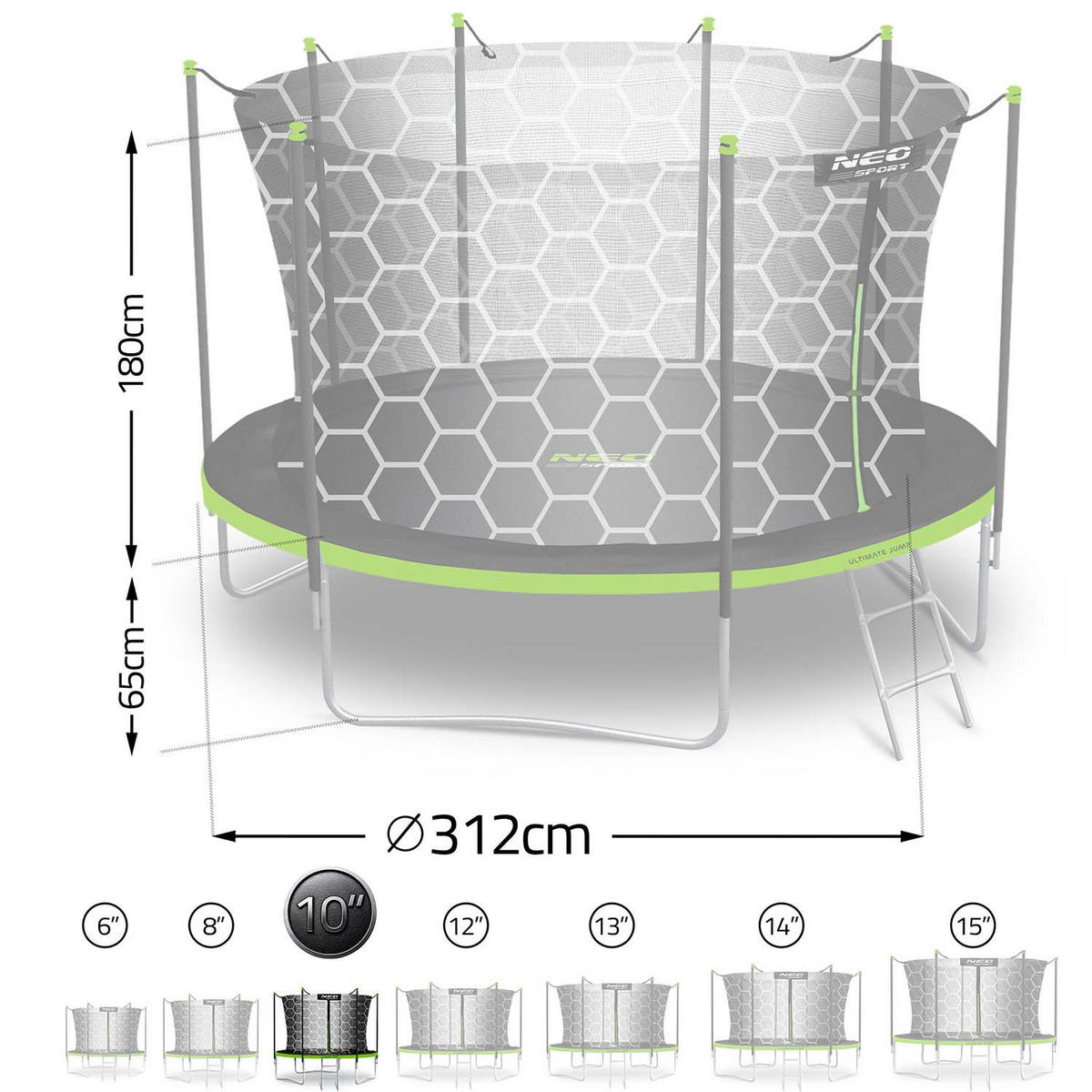 GARTENTRAMPOLIN 10 ft/312 cm mit Innengitter und Leiter - Grün, Metall (312/312cm)