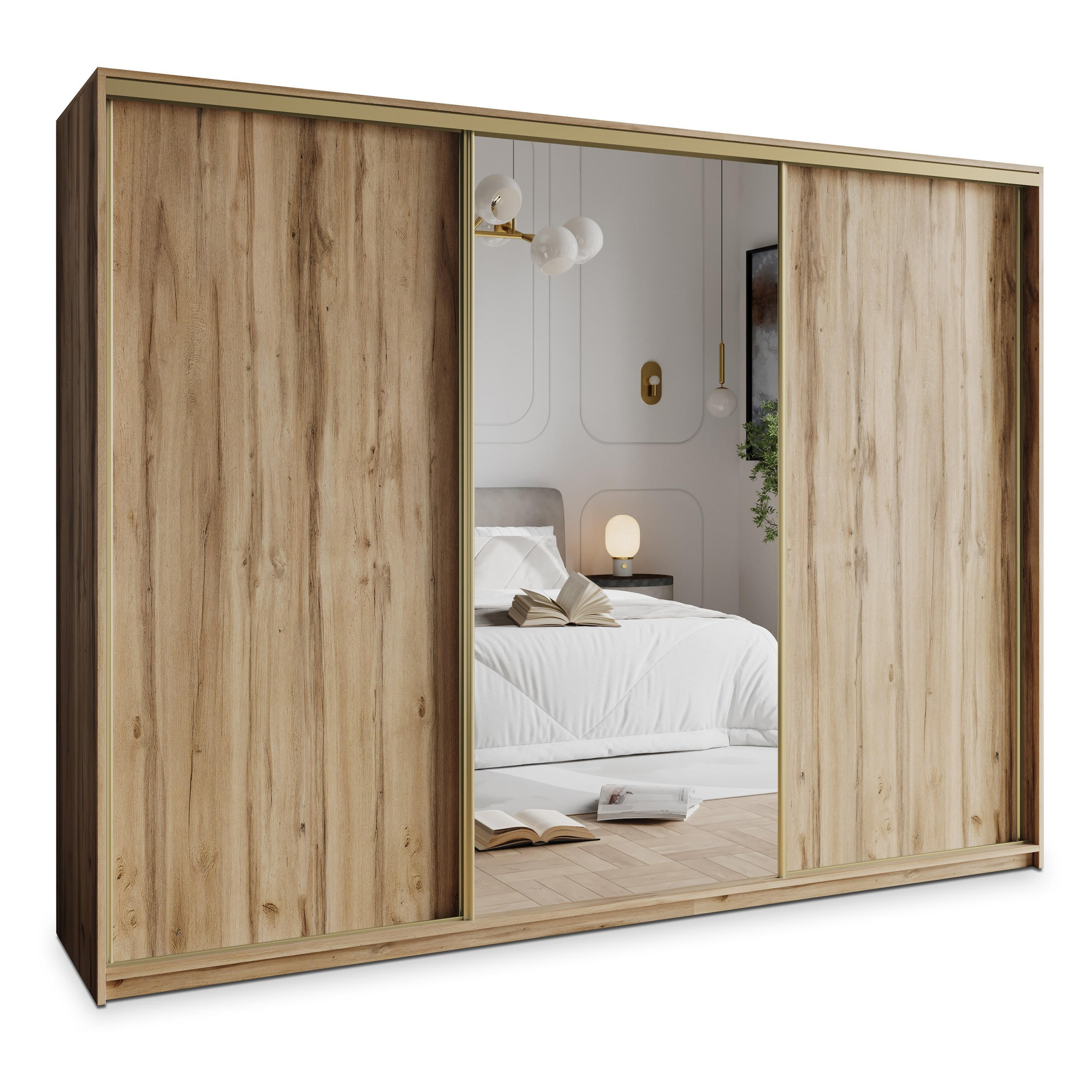 SCHWEBETÜRENSCHRANK TAVI 270/205/60 cm 3-türig mit Spiegel Eiche Wotan - Eiche Wotan, Holzwerkstoff (270/205/60cm) - MASSENO