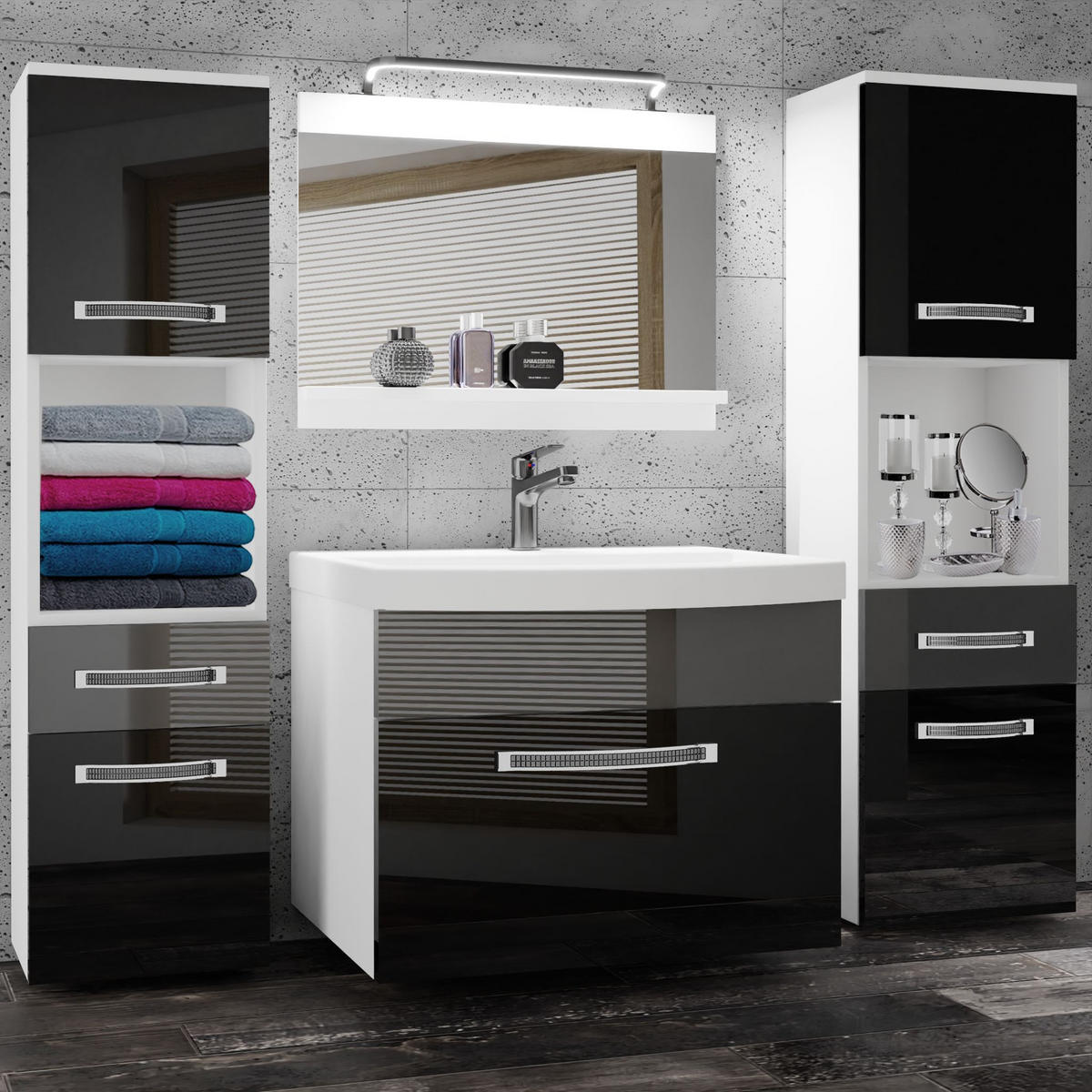 BADMÖBEL Badezimmer Schwarz Silber Glänzend - Silberfarben/Schwarz, Holz (140/113/40cm) - B BELINI GROUP