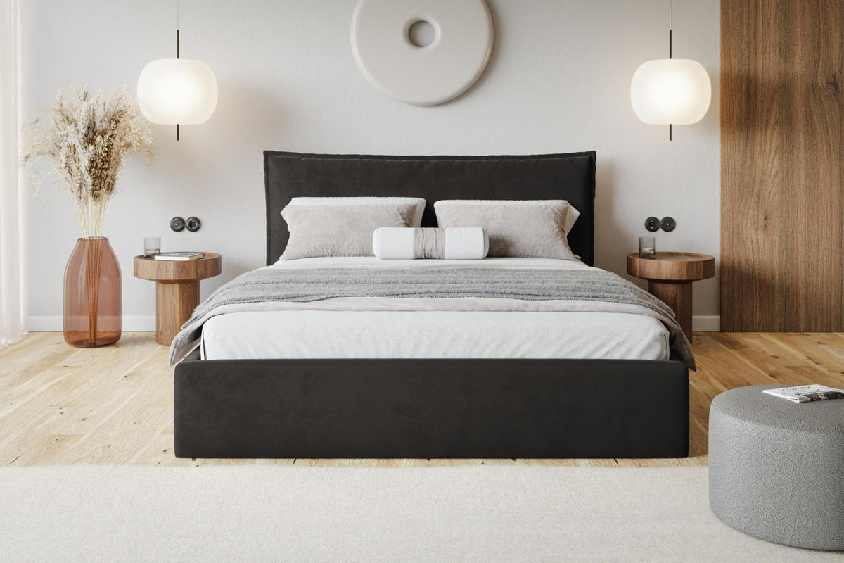 BETT 90x200 - Polsterbett mit Bettkasten und Holzrahmen - Modern Betten - Amor-Samtstoff - Kollektion Rimini - Schwarz - Schwarz, Holz/Textil (90/200cm) - Alpi-Möbel