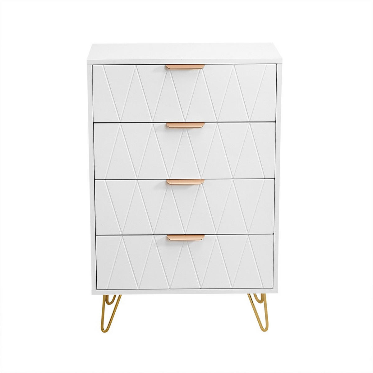 KOMMODE mit 4 Schubladen - Rautenmuster-Design und goldene Metallbeine - für Wohnzimmer und Schlafzimmer - Weiß - Weiß, Holzwerkstoff (60/90/34cm) - DELFA