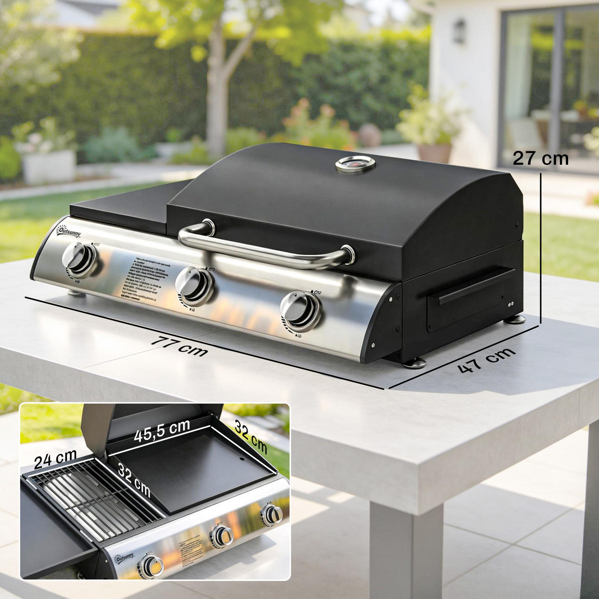 TISCHGASGRILL Metall Edelstahl Schwarz - Schwarz, Metall (47/27/77cm) - Outsunny