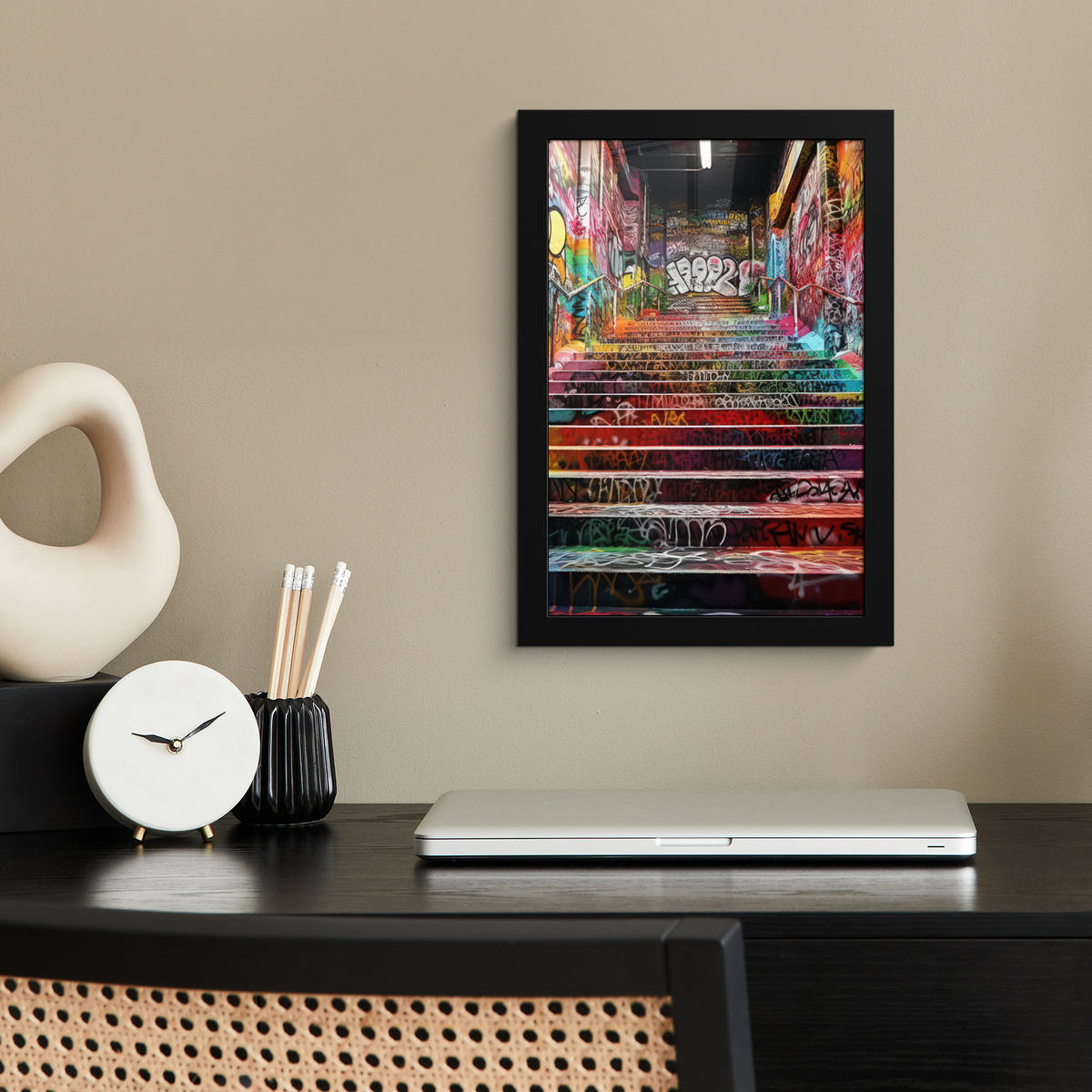 GERAHMTES BILD Treppe - Graffiti - Farben - Kunst 20x30 cm - Multicolor, Papier (20/30cm) - MuchoWow