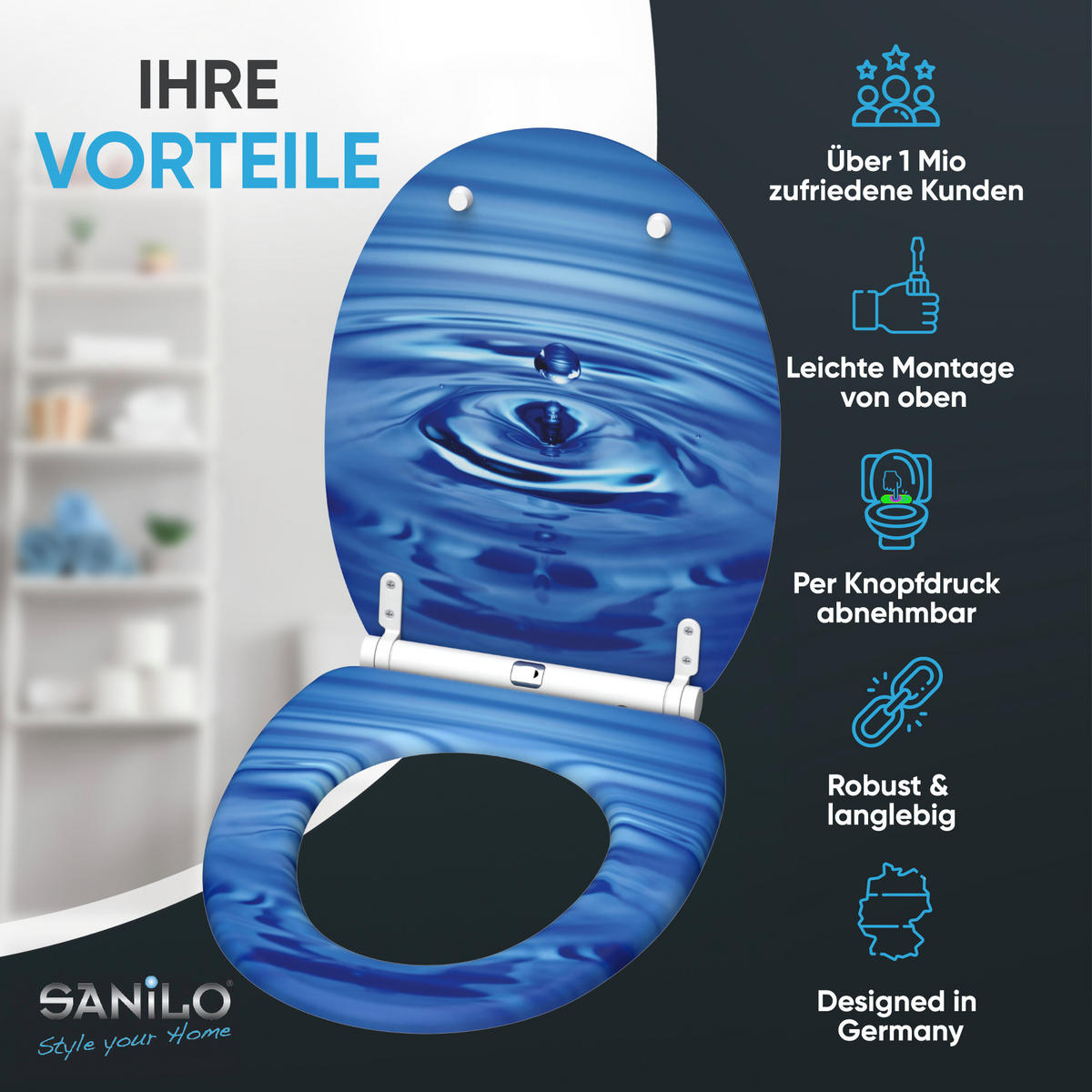 WC-SITZ mit Absenkautomatik & Top Fix Tropfen - Blau, Holzwerkstoff (37.7/5.5/48cm) - Sanilo