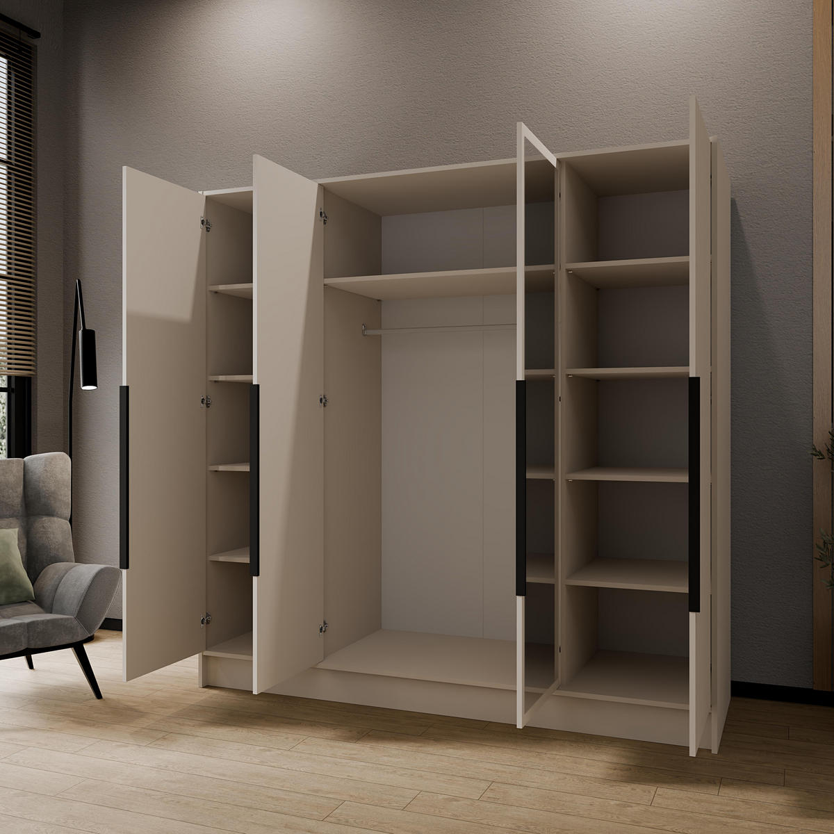 DREHTÜRENSCHRANK Luxia mit Spiegel, Kaschmir mit schwarzen Griffen, 200 cm - Kaschmir/Schwarz, Holzwerkstoff (200/200/51cm) - AN Furniture Store