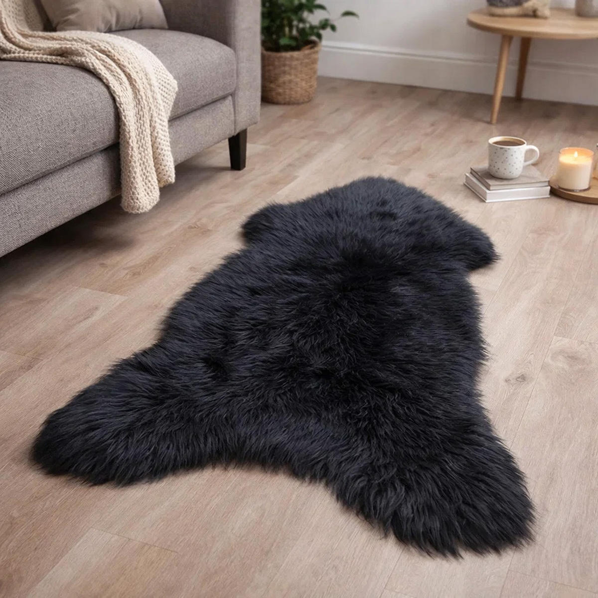 SCHAFFELL Natur Lammfell Weich Flauschig Wohnteppich, Schwarz, ca. 130 cm - Schwarz, Fell (70/130cm) - Provellus