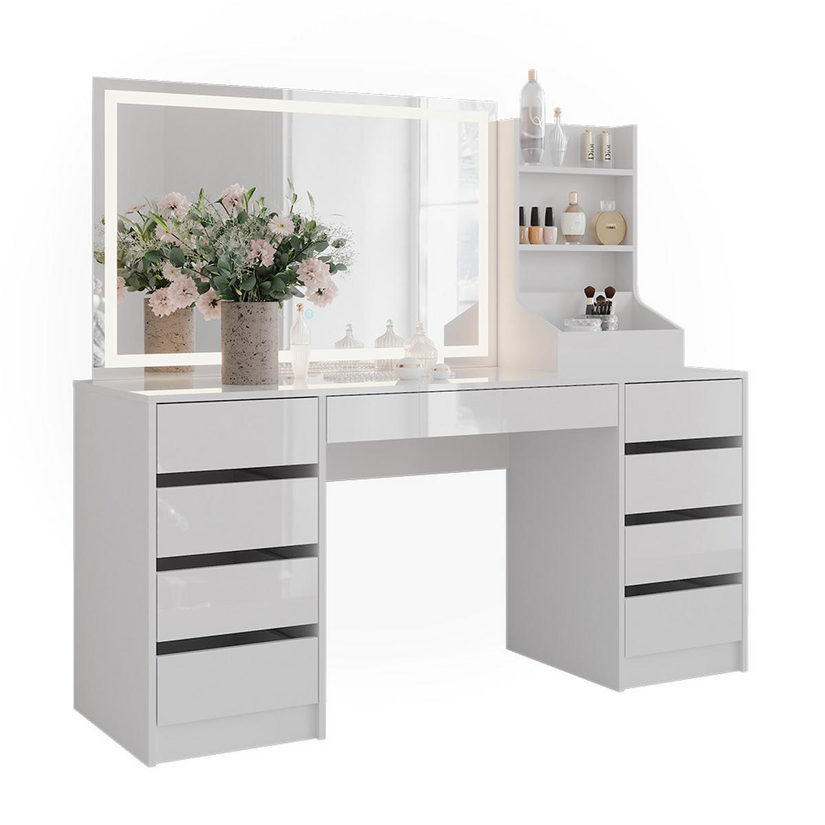 SCHMINKTISCH Sherry Weiß/Weiß Hochglanz 158.2 cm 3 Teile - Weiß Hochglanz, Holzwerkstoff (158.2/76/50.1cm) - Vicco