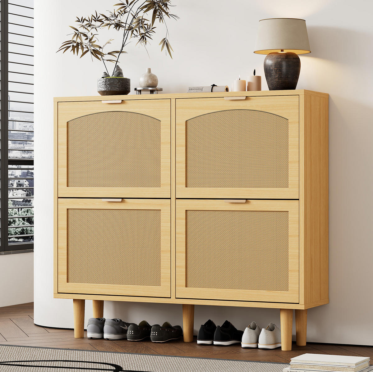 SCHUHSCHRANK aus Spanplatte 100x25x90cm in Eichefarben mit 4 Klappschubladen - Eichefarben, Holzwerkstoff (100/90/25cm) - Modfu