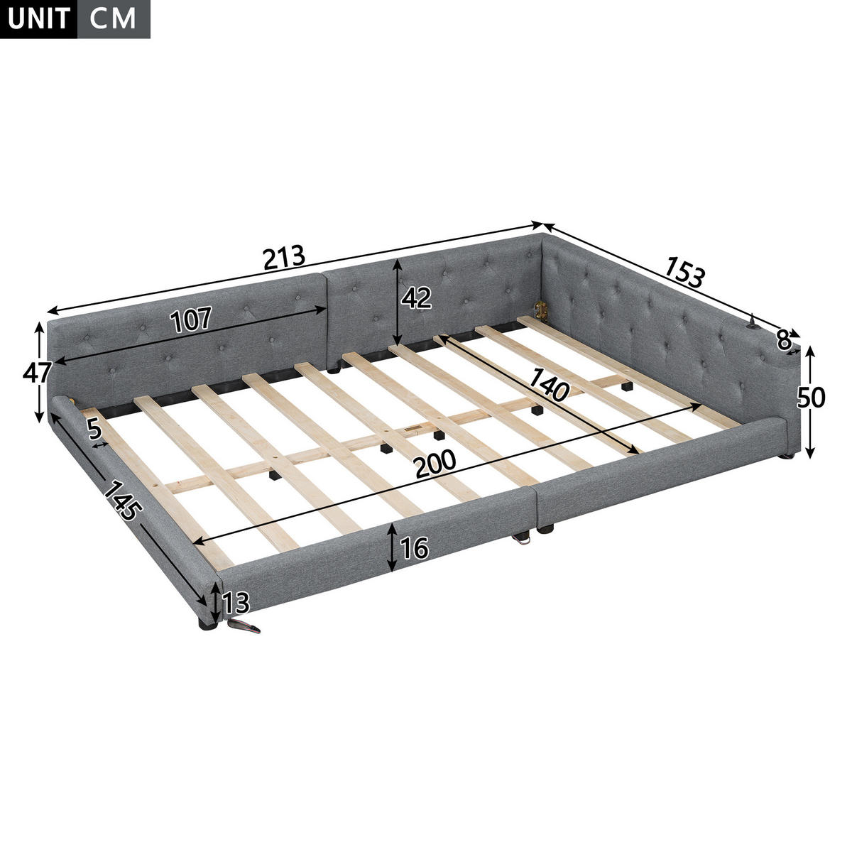 POLSTERBETT 140/200 cm aus Leinen mit LED-Beleuchtung, USB- und Type-C-Anschluss, Lattenrost und Knopfheftung, Grau - Grau, Textil (140/200cm) - Redom
