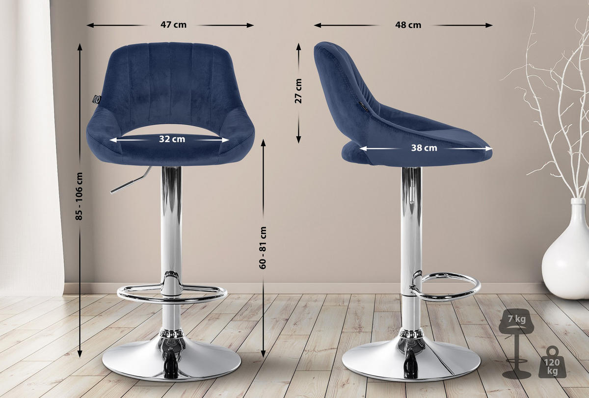 BARHOCKER 2er Set Milos Samt C blau - Blau/Chromfarben, Textil/Metall (47/106/48cm) - TPFLiving