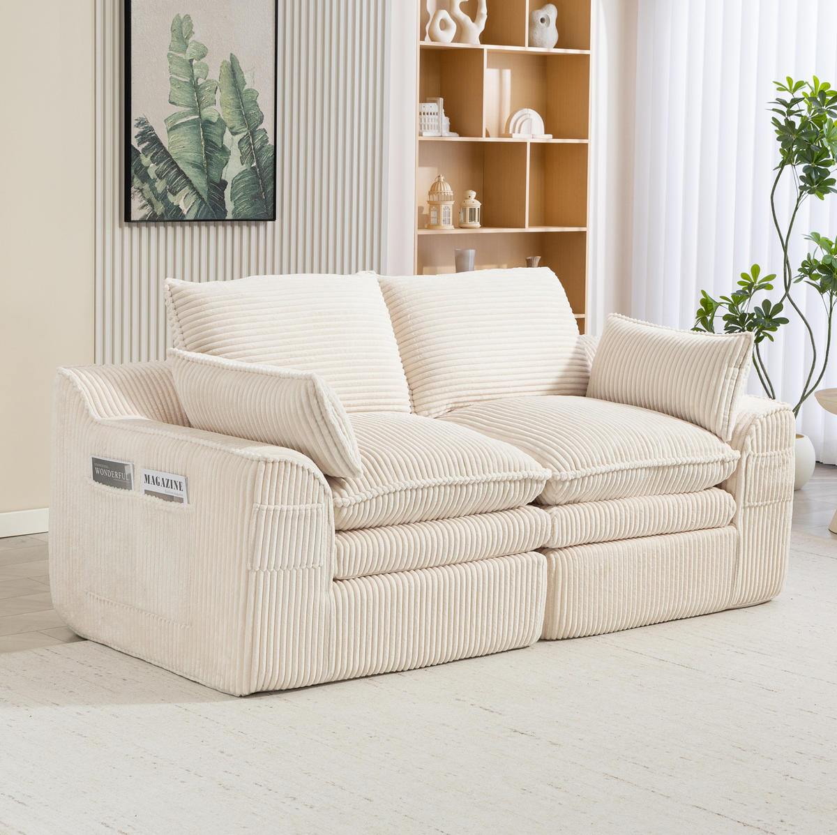 2-SITZER-SOFA aus Cord 191x94x85 cm Beige mit Seitentaschen, Kissen und Federkern - Beige, Textil (191/85/94cm) - Modfu