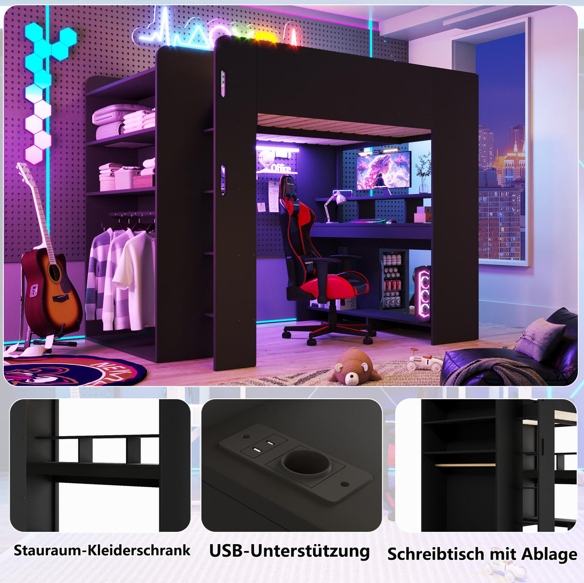HOCHBETT aus MDF und Sperrholz 140x200 cm Schwarz mit Schreibtisch, Kleiderschrank und LED-Beleuchtung - Schwarz, Holzwerkstoff (140/200cm) - Modfu
