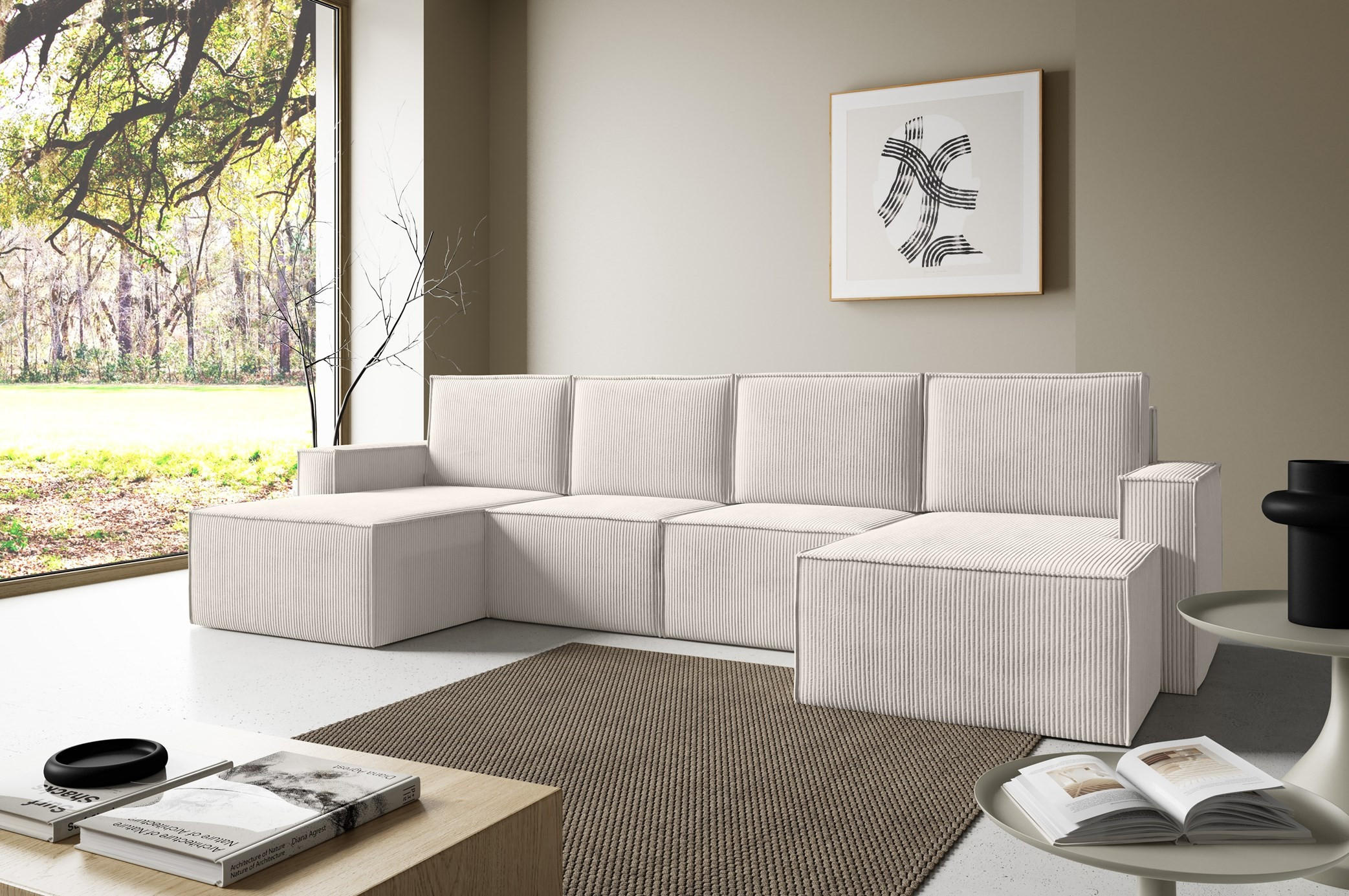 WOHNLANDSHAFT Orto Beige - Beige, Holzwerkstoff/Textil (320/93/142cm) - Bettso