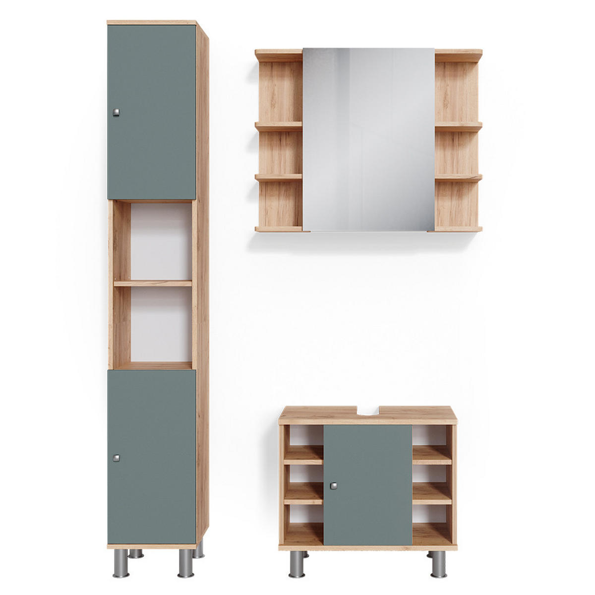 BADMÖBEL-SET Fynn Grün 3 Teile, mit Hochschrank - Honigeiche/Grün, Holzwerkstoff (60/54/32cm) - Vicco