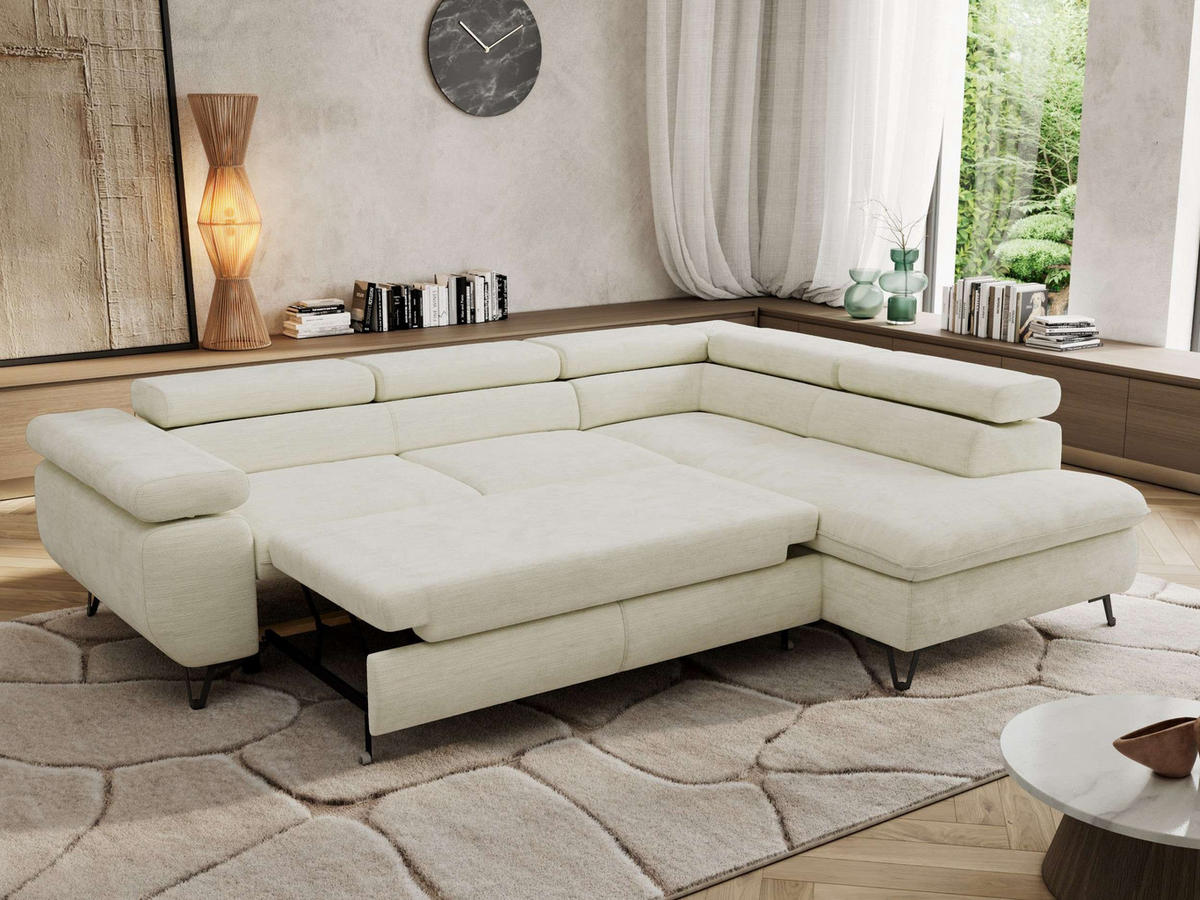 ECKSOFA PABLO L Creme Schenille glatt - Rechts Seite mit T25 Topper - Creme/Schwarz, Textil/Metall (273/208cm) - MKS