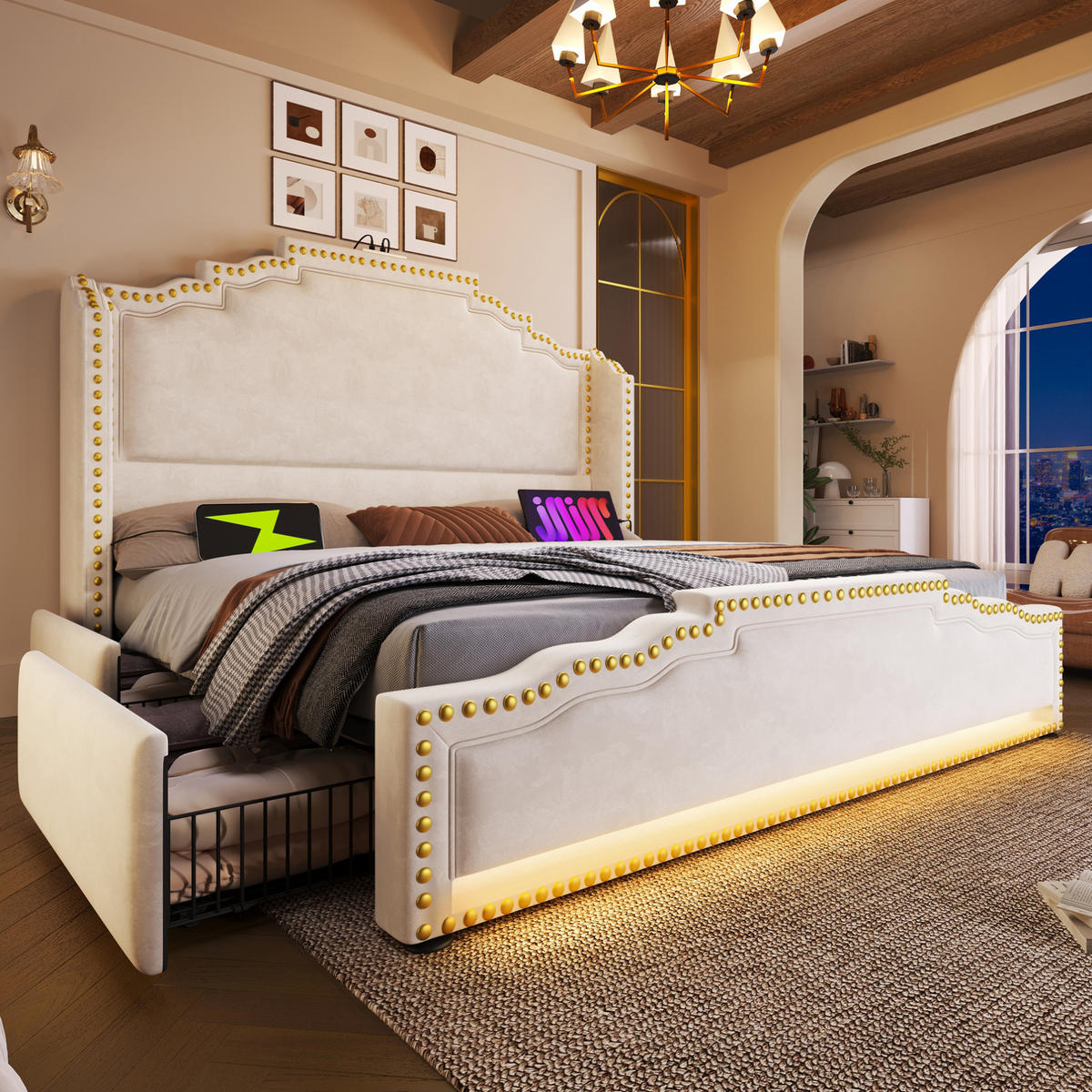 POLSTERBETT 180/200 cm aus Samt mit LED-Beleuchtung, USB-C und 4 Schubladen Beige - Beige, Textil (180/200cm) - Modenvie