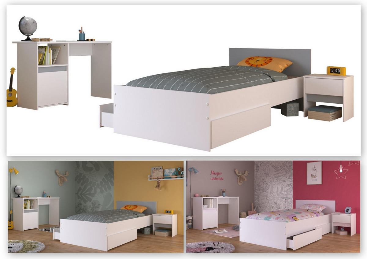 KINDERZIMMER Set 3-tlg. Stauraumbett 90x200 Nachttisch und Schreibtisch - Weiß, Holzwerkstoff (203/75/100cm) - Parisot Meuble