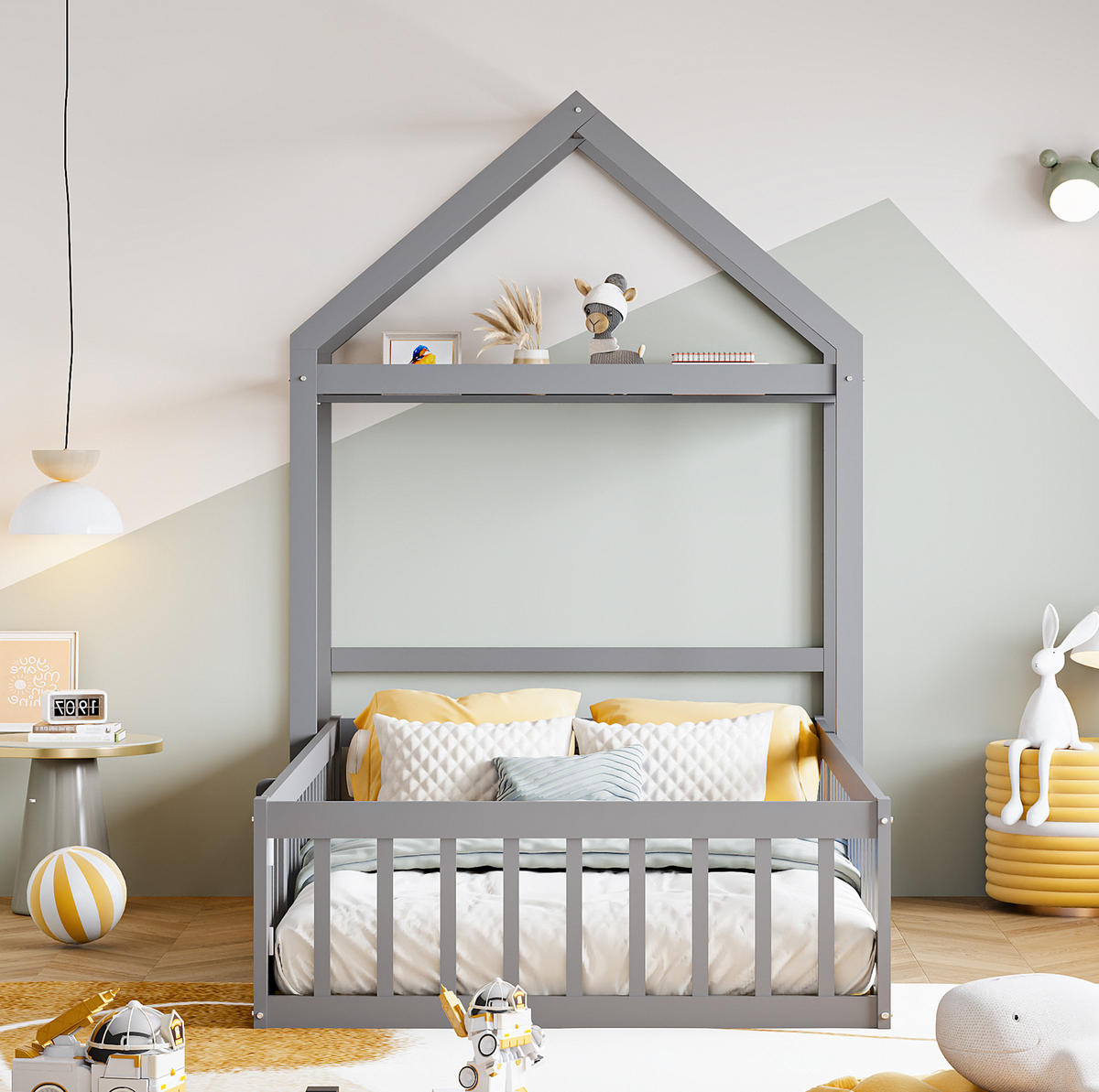 HAUSBETT 90/200 cm grau mit Stauraum und Vollschutzgitter - Grau, Holz (90/200cm) - OKWISH