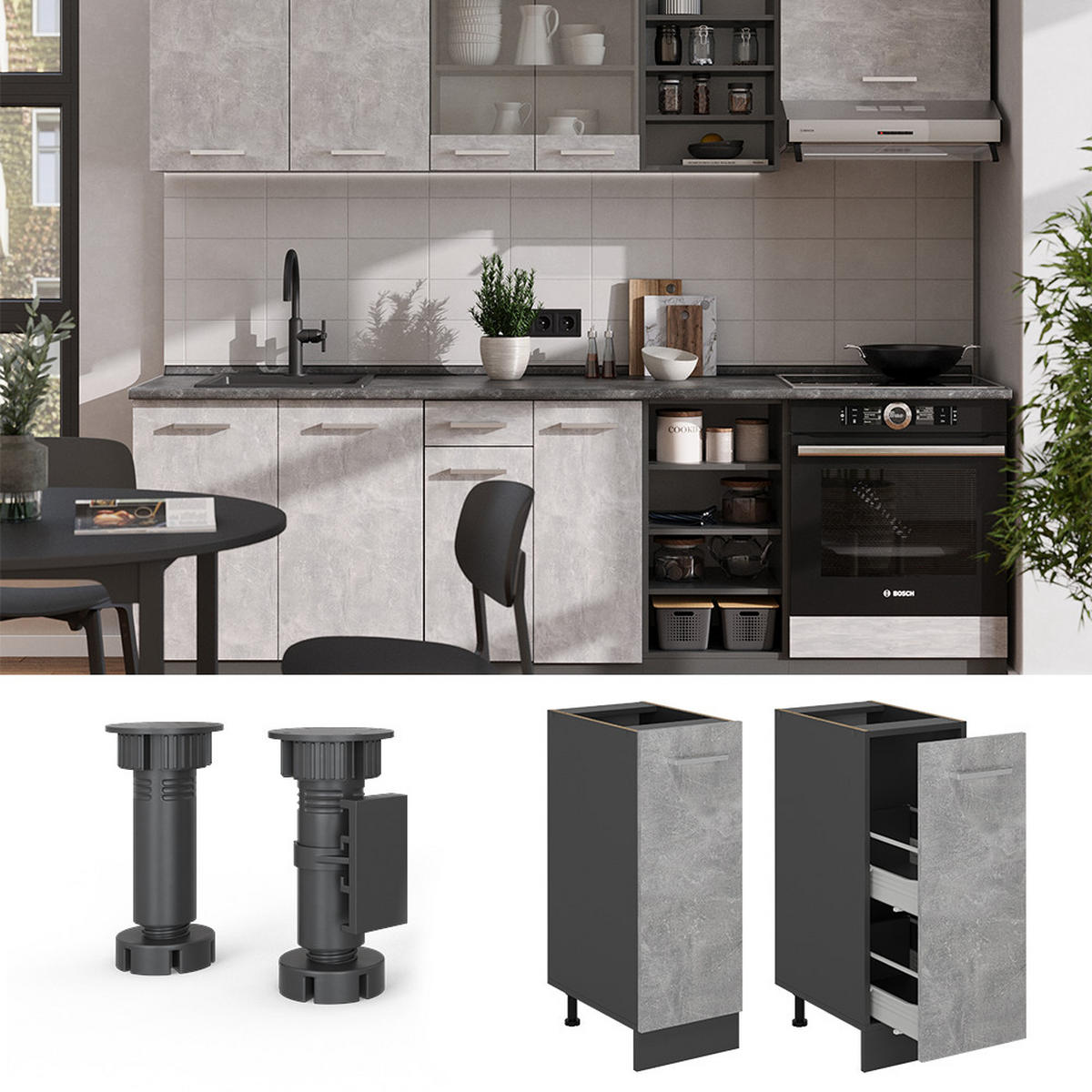 APOTHEKERSCHRANK R-Line Beton 30 cm , AP Eiche - Schieferfarben/Anthrazit, Holzwerkstoff (30/81.6/60cm) - Vicco