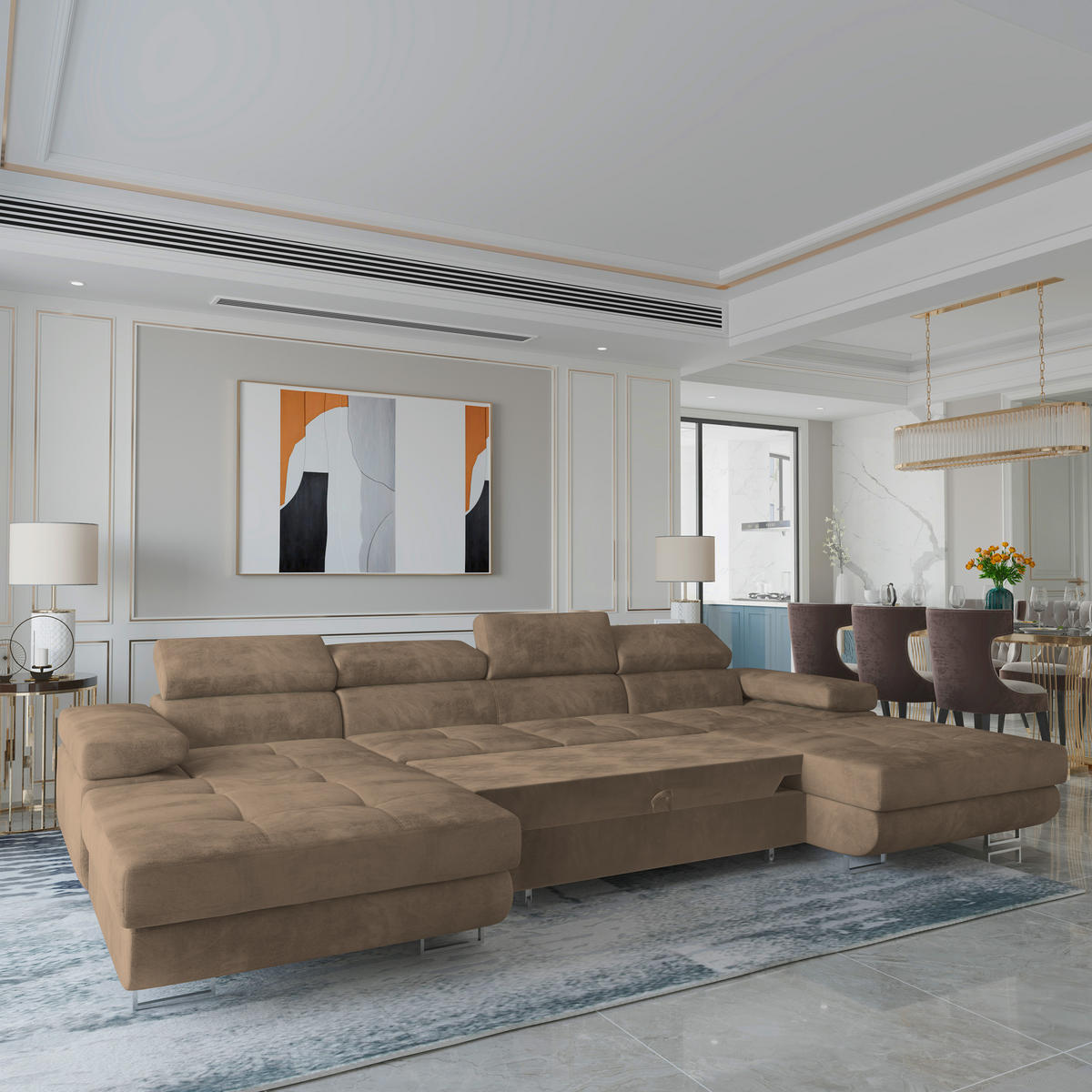 WOHNLANDSCHAFT LYKKE Beige Velours-Stoff mit Schlaffunktion - Beige, Holz (353/90/202cm) - MASSENO