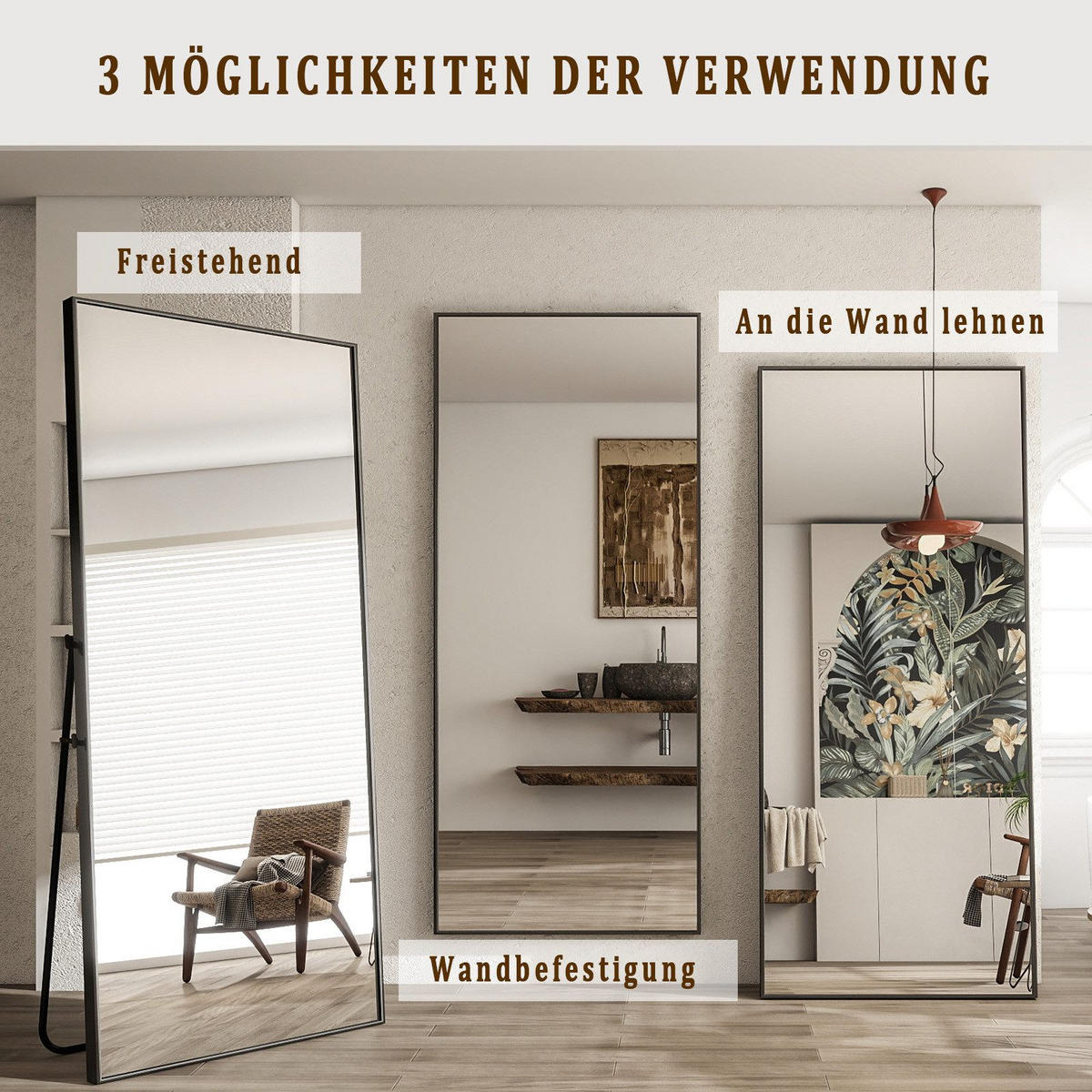 STANDSPIEGEL 140x40 cm – Freistehend & Wandmontage, Aluminiumlegierung Schwarzer - Schwarz, Glas/Metall (40/140/140cm)