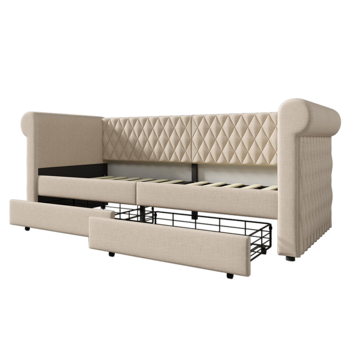 POLSTERBETT 90/200 cm aus Leinen mit 2 Schubladen, Beige - Beige, Textil (90/200cm) - Flora Grace