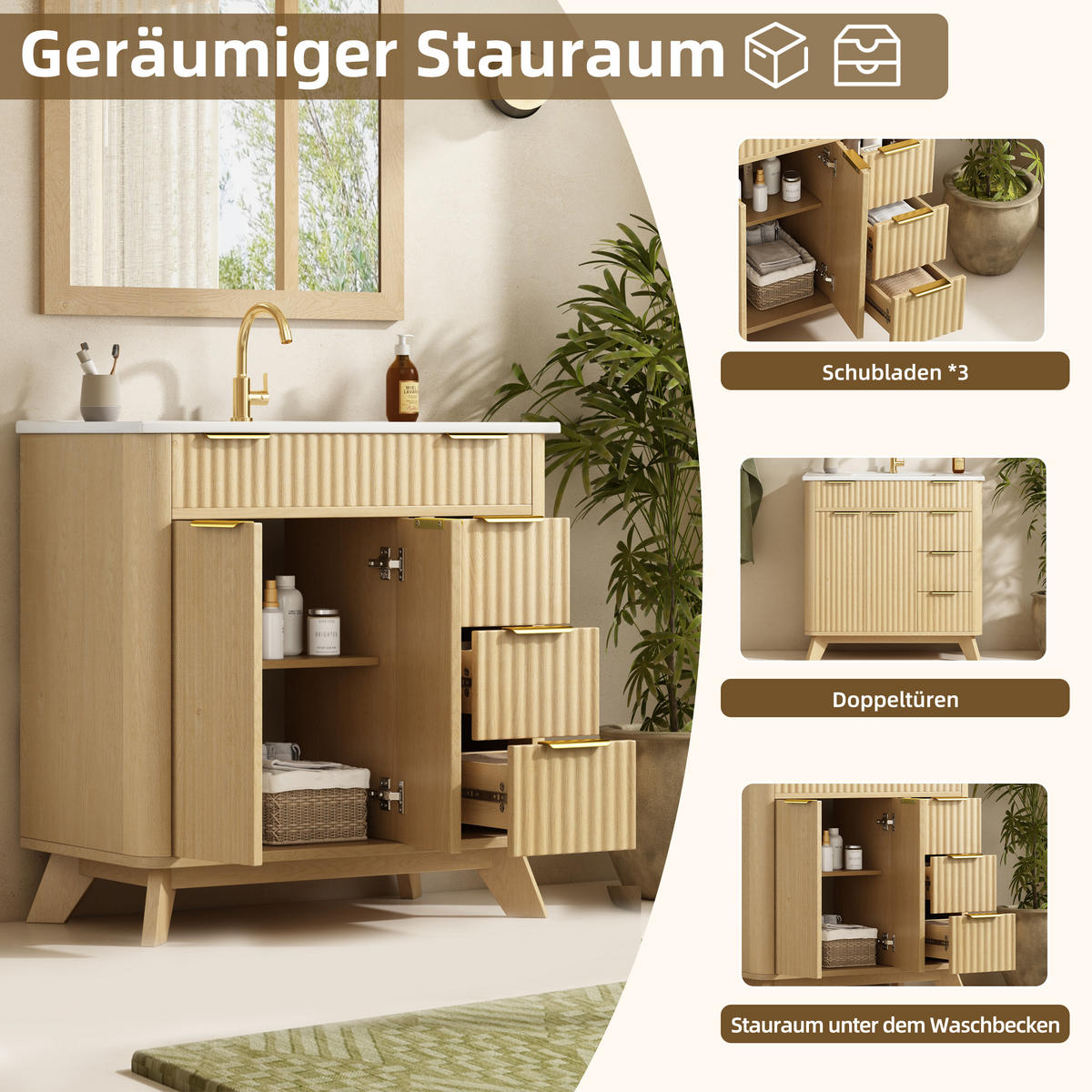 BADEZIMMERSCHRANK Wellenoptik Holzton 3 Schubladen 81cm - Naturfarben, Keramik (81/90/47cm) - FLIEKS