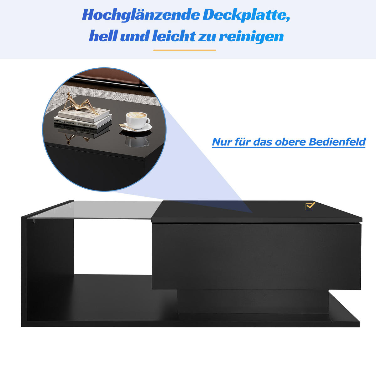 COUCHTISCH schwarz mit Hochglanzoberfläche und Glas-Elementen, App-gesteuerter Bluetooth-LED 100 × 50 × 32 cm - Schwarz, Holzwerkstoff (50/100/32cm) - Luhomfu