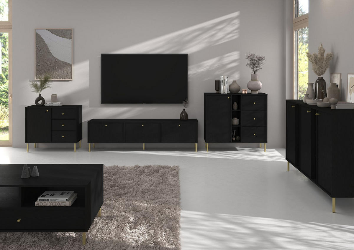 SIDEBOARD Oktio Schwarz-Graphit 84 cm - Goldfarben/Schwarz, Holzwerkstoff/Metall (83.6/95/40.8cm) - Selsey