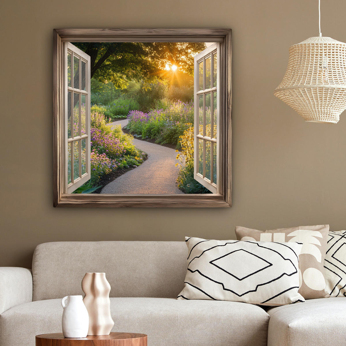 LEINWANDBILD Aussicht - Blumen - Natur - Sonne - Weg 90x90 cm - Hellgelb, Textil (90/90cm) - MuchoWow