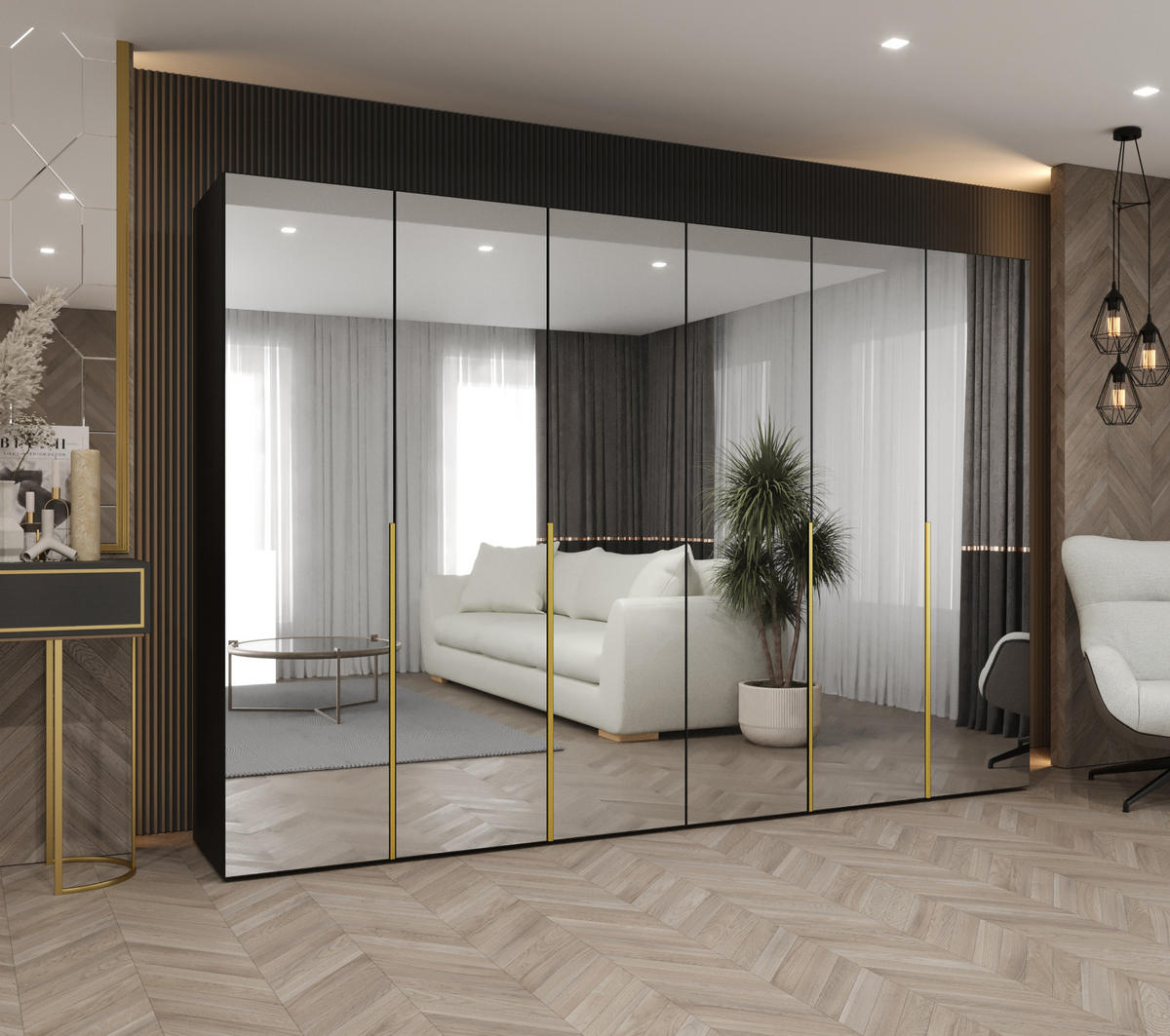 DREHTÜRENSCHRANK 202/300/52 6-türig - Goldfarben/Schwarz, Holz (300/202/52cm) - Abiks Möbel