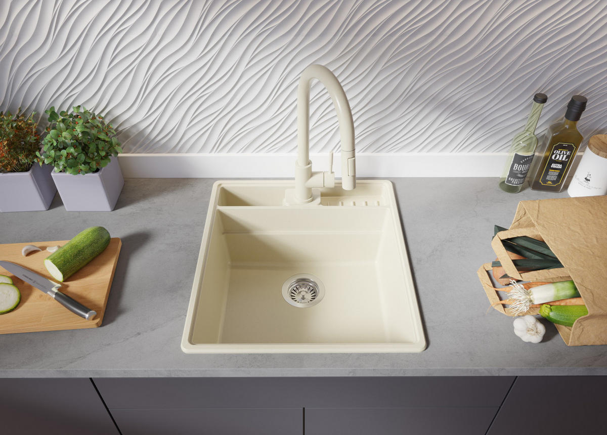 SPÜLBECKEN New York, 2-er set Beige 48/53 cm 1 Becken + Ablauf-Set + Küchenzubehörset ab 50er Unterschrank - Chromfarben/Beige, Kunststoff (48/20/53cm) - Primagran