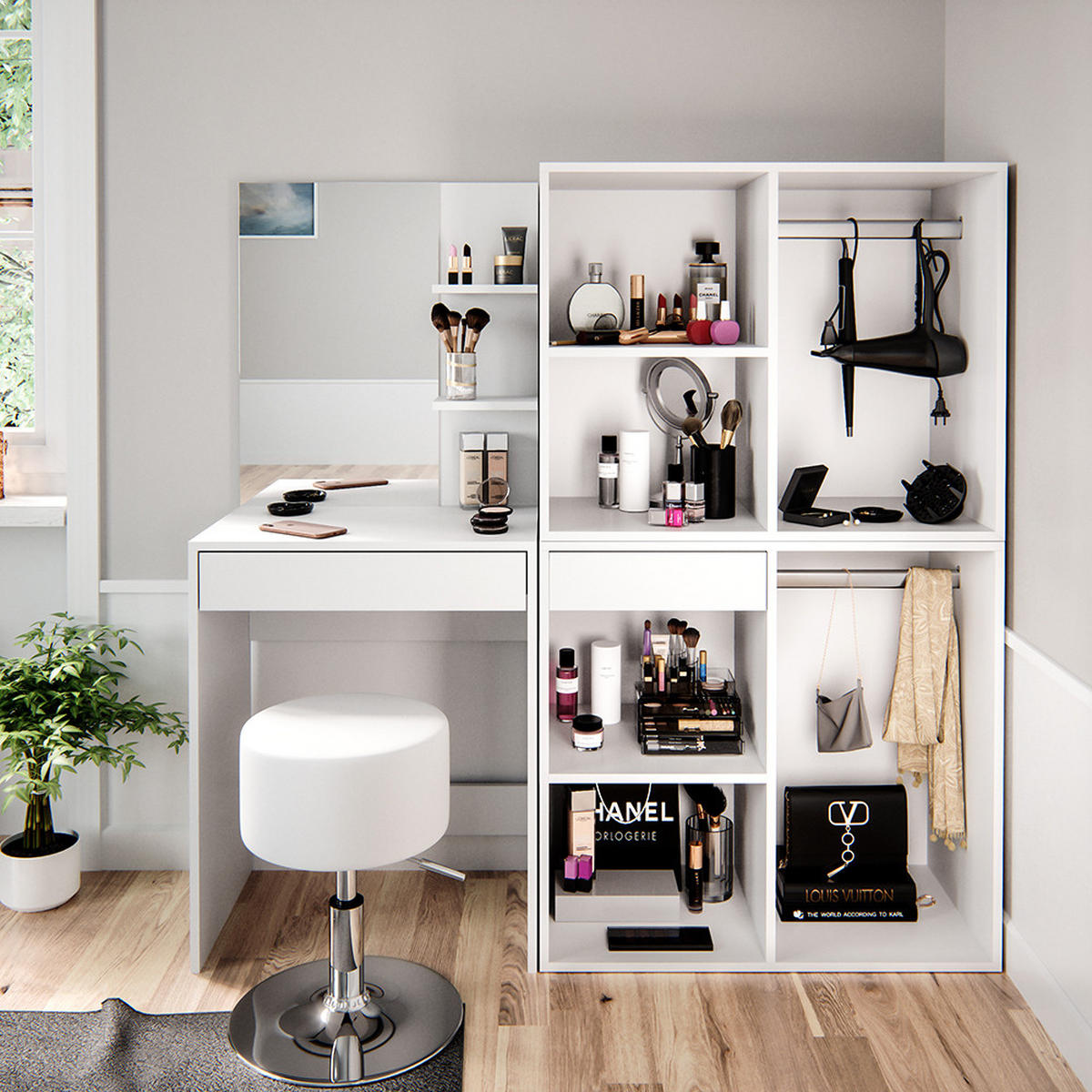 SCHMINKTISCH Isabelle Weiß 60 cm mit Hocker und Schrank - Weiß, Holzwerkstoff (60/140/40cm) - Vicco