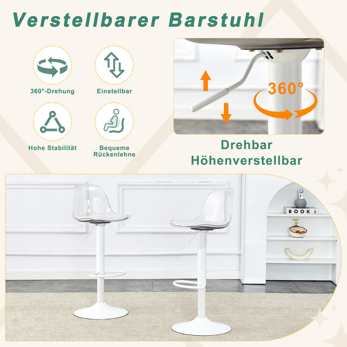 BARHOCKER 2er-Set Transparent und Weiß höhenverstellbar mit Rückenlehne und 360° Drehung - Transparent, Metall (33/82/40.5cm) - PANGIVO