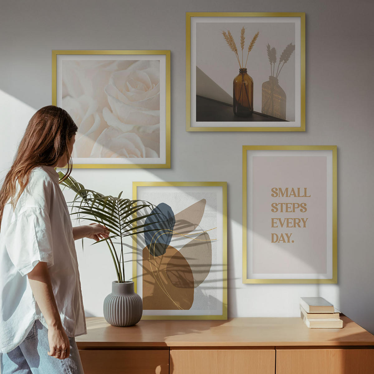 WANDBILDER 4er Set - 50x50 cm & 40x60 cm Goldrahmen - Abstrakte Formen Akzente - Goldfarben, Kunststoff (50/50cm) - ArtPrintCave