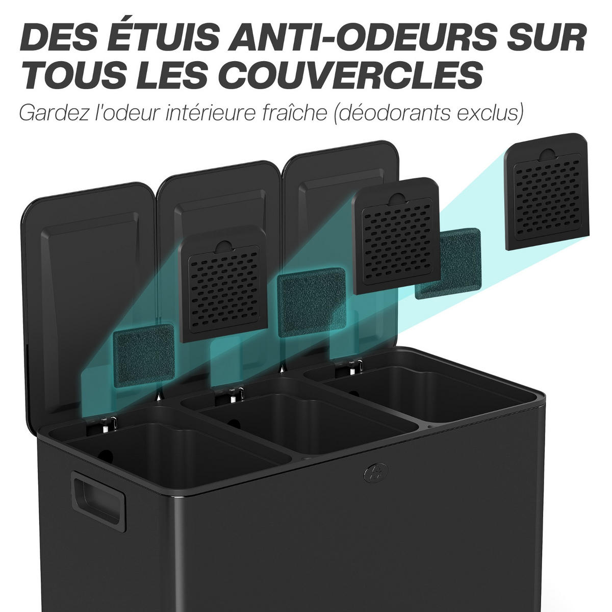 MÜLLTRENNSYSTEM 3 FÄCHER 60L 61,9/36,6/56,7 cm Edelstahl Schwarz Küchenmülleimer mit Absenkautomatik - Schwarz, Metall (36.6/56.7/61.9cm) - Rolipo