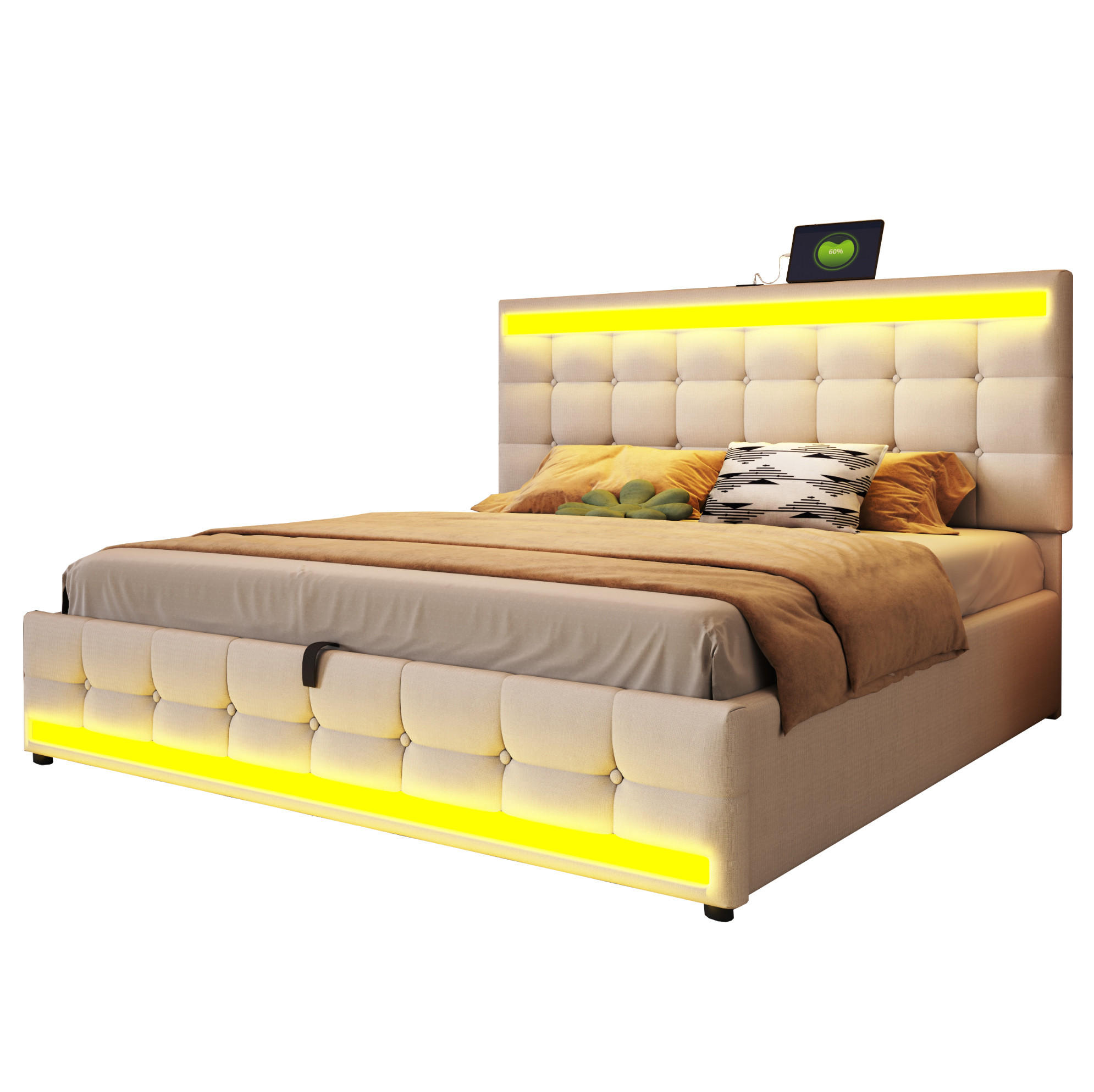POLSTERBETT aus Leinenstoff 180x200 cm in Beige mit RGB-LED & 2 USB-Anschlüssen - Beige, Textil (180/200cm) - Modfu