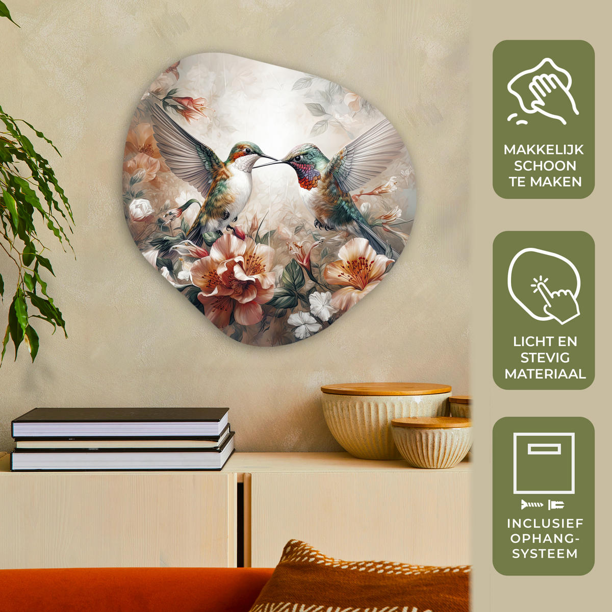 WANDBILD Kolibri - Vögel - Blumen - Natur Wandbild 60x60 cm - Altrosa, Kunststoff (60/60cm) - MuchoWow