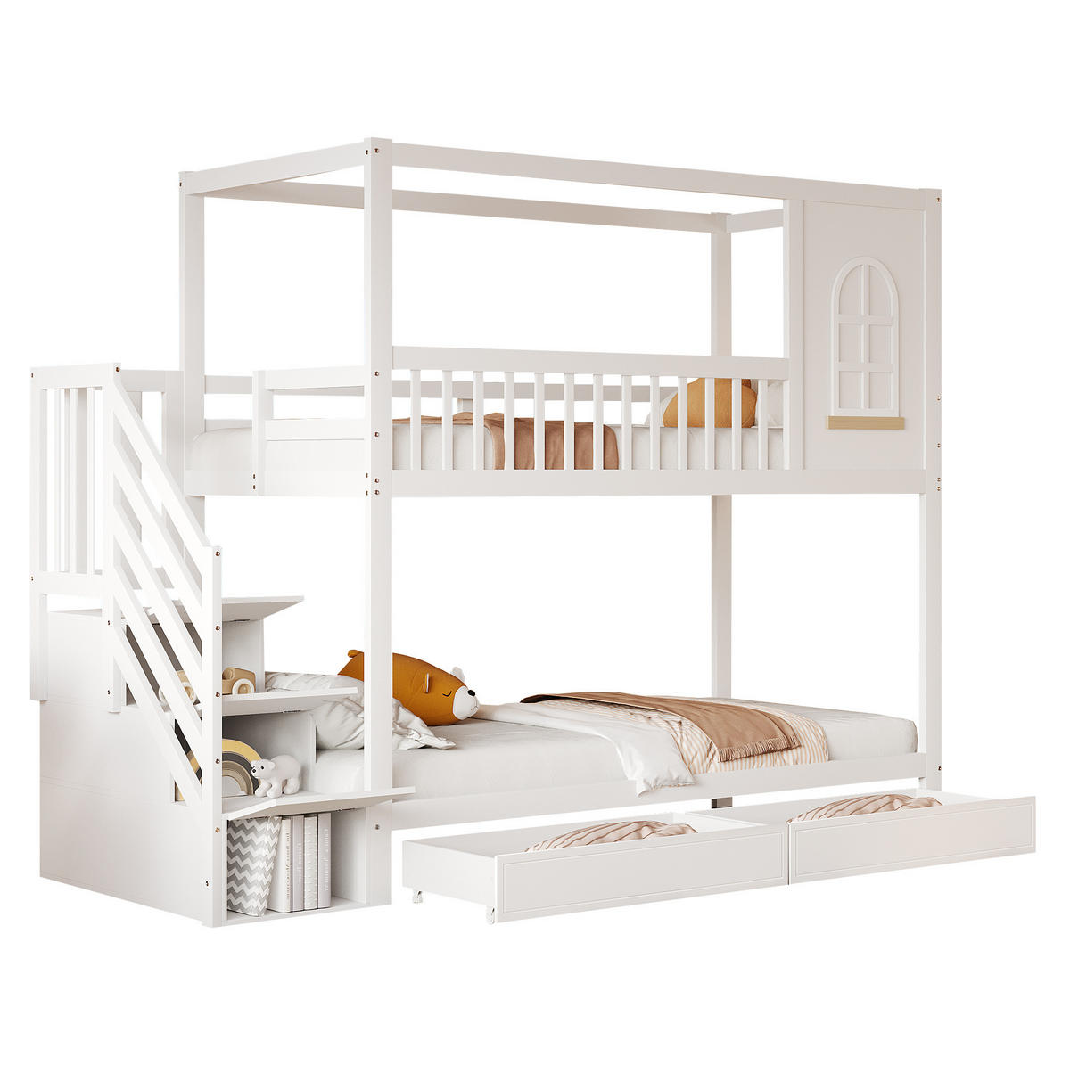 ETAGENBETT 90/200 cm Weiß aus Massivholz mit Stauraum und Haus-Design - Weiß, Holz (90/200cm) - Flora Grace
