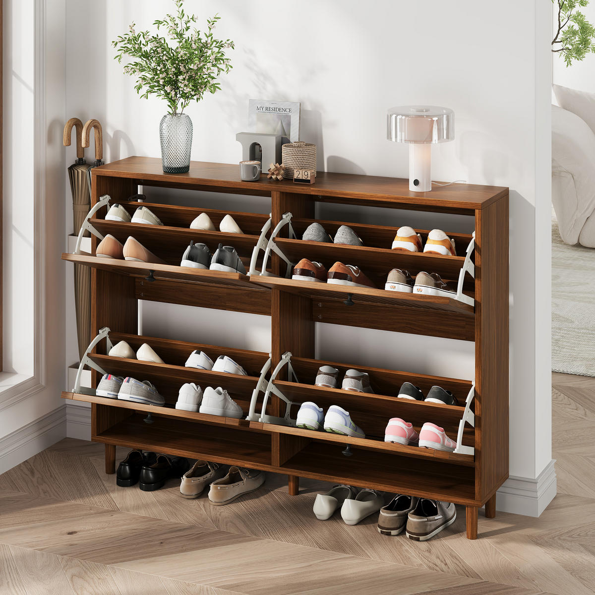 SCHUHSCHRANK in Walnussfarben mit 4 Kipptüren mit 8 Fächern für Flur, B120/T24/H90 cm - Walnussfarben, Holzwerkstoff (120/90/24cm) - STILVORA