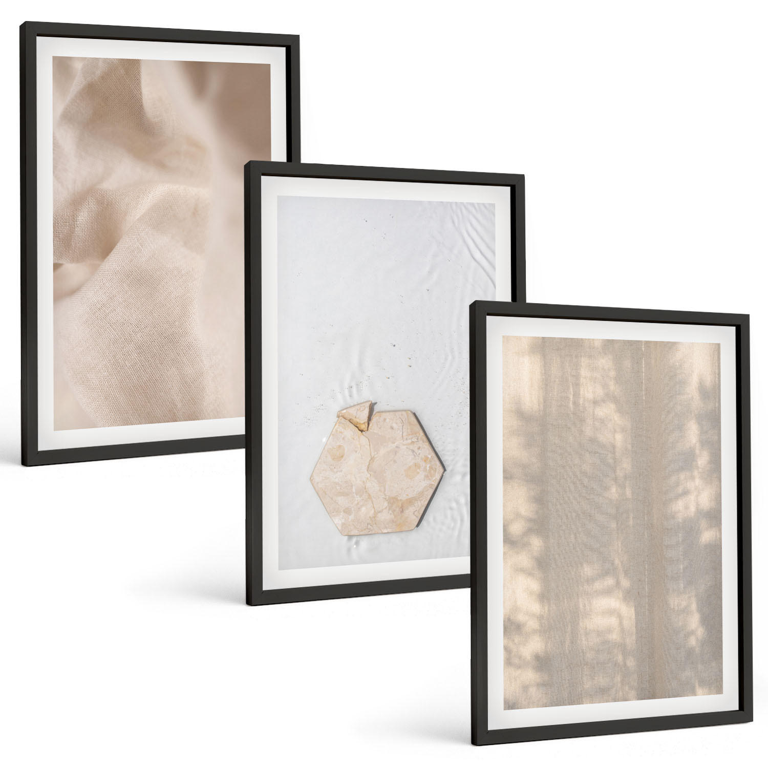 BILDER SET 3er Set - 40x60 cm Schwarzer Rahmen - Subtile Texturen, Boho-Natur - Schwarz, Kunststoff (40/60cm) - TULUP