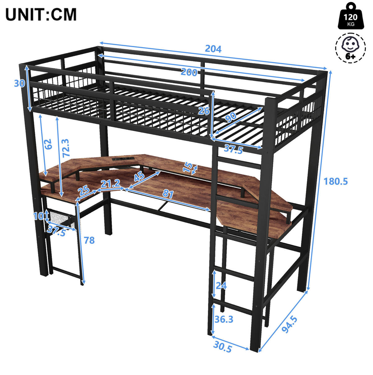 HOCHBETT 90/200 cm mit Schreibtisch, LED-Lichtleiste, USB, Typ-C, 2 Steckdosen und Lochwand, Eisen/MDF, Schwarz - Schwarz, Metall (90/200cm) - Redom