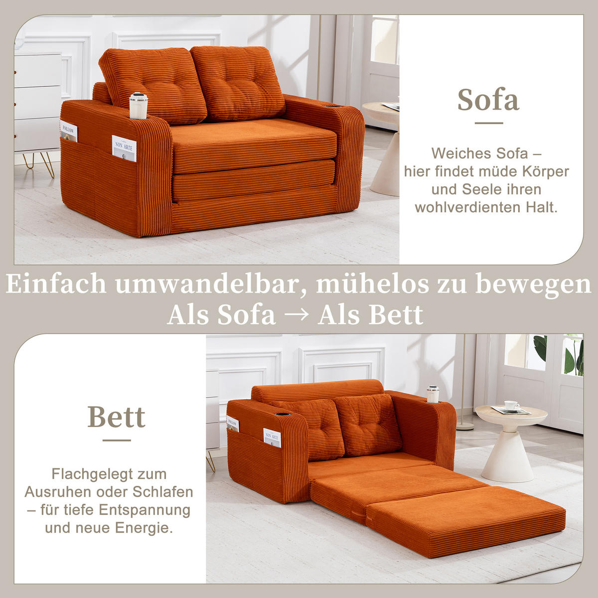 SCHLAFSOFA in Orange Cord mit Getränkehalter und Seitentaschen - Orange, Textil (136/82.5/80cm) - Oxeza
