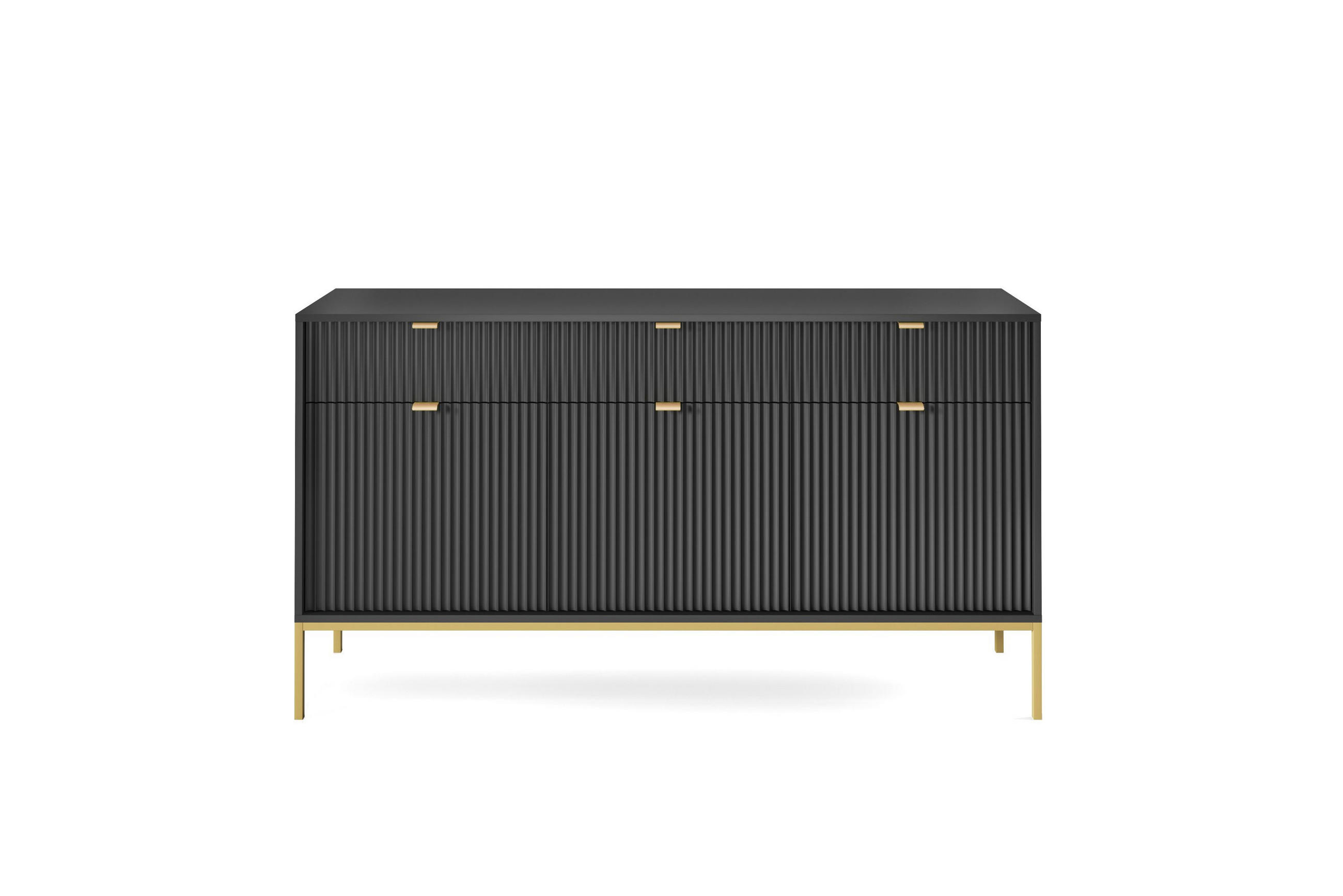 KOMMODE NOVA - KSZ154, Geriffelte Fronten, goldene Griffe 154x39x83 cm Schwarz - Goldfarben/Schwarz, Holzwerkstoff/Kunststoff (154/83/39cm) - DomoHome