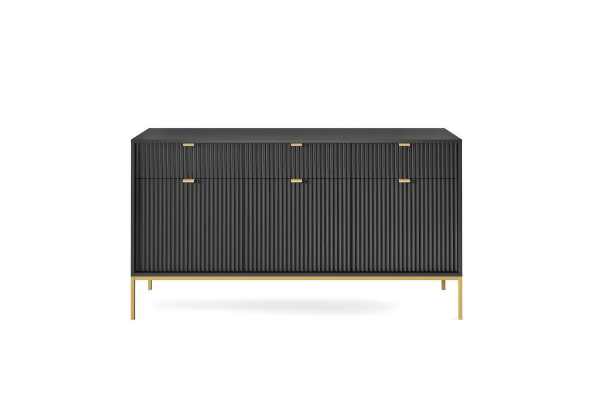 KOMMODE NOVA - KSZ154, Geriffelte Fronten, goldene Griffe 154x39x83 cm Schwarz - Goldfarben/Schwarz, Holzwerkstoff/Kunststoff (154/83/39cm) - DomoHome