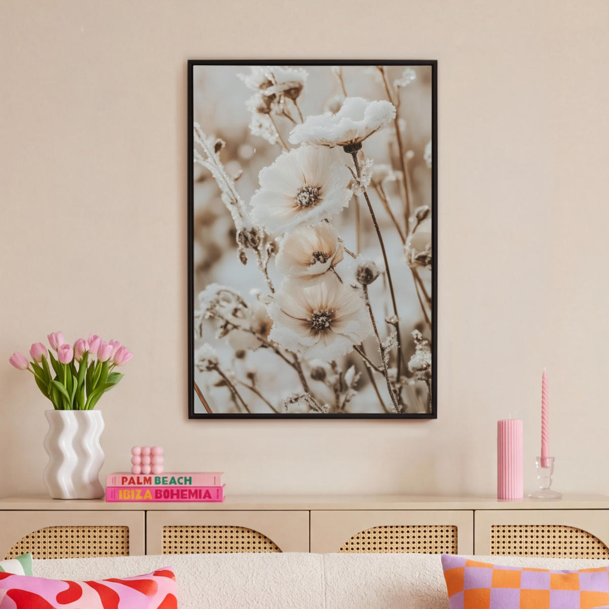 LEINWAND Bilder mit Rahmen - Blumen - Winter - Weiß - Schnee - Beige - 60x90 - Creme, Textil (60/90cm) - MuchoWow