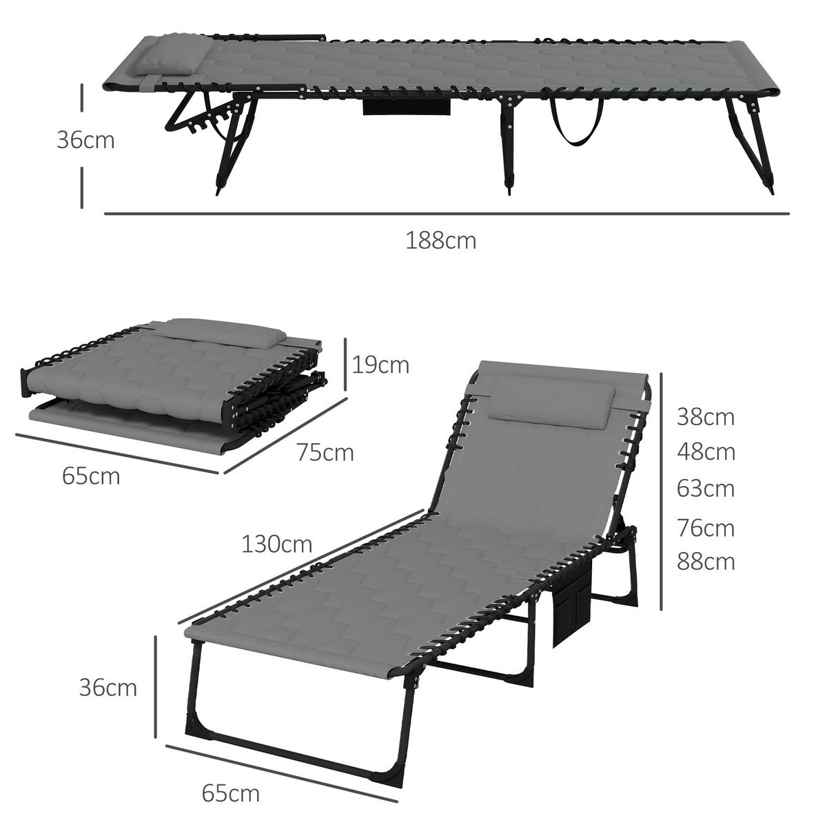 KLAPPBARE Gartenliege mit Kopfkissen, für Garten, Balkon, Oxford, Grau - Grau, Metall (188/36/65cm) - Outsunny